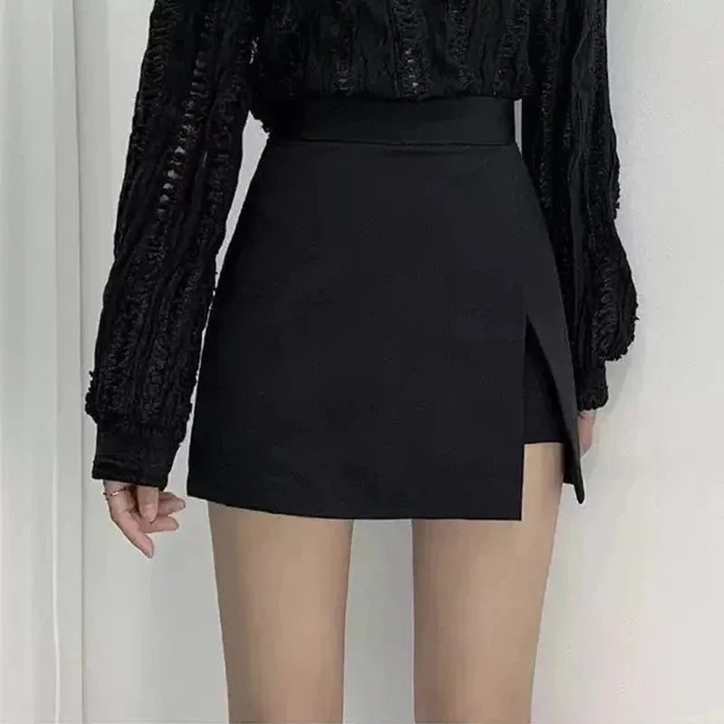 high-waist black mini skirt: