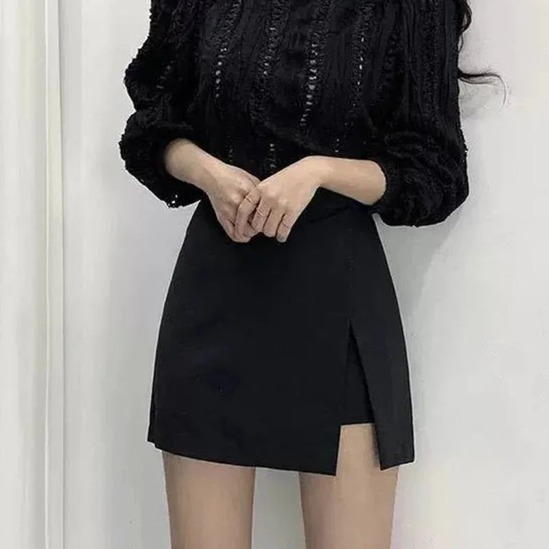 high-waist black mini skirt: