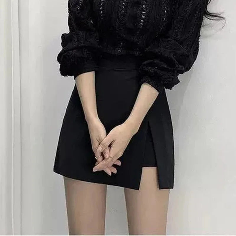 high-waist black mini skirt: