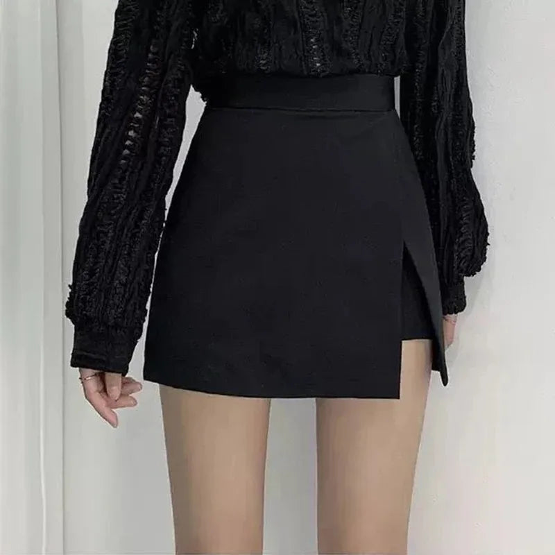 high-waist black mini skirt: