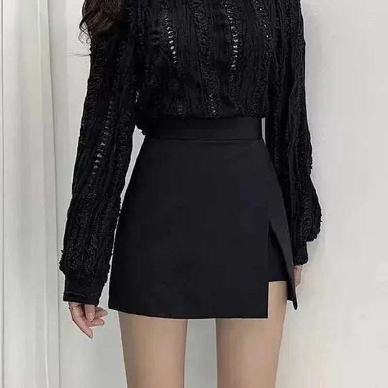 high-waist black mini skirt: